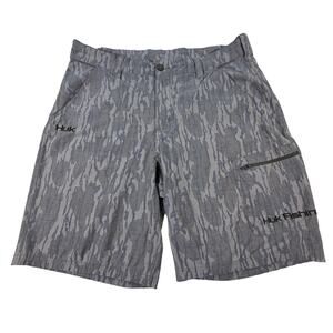 Huk Men Fishing Hiking Elastic Waist 9.5” Shorts Bottomland Camo Brown Men XL